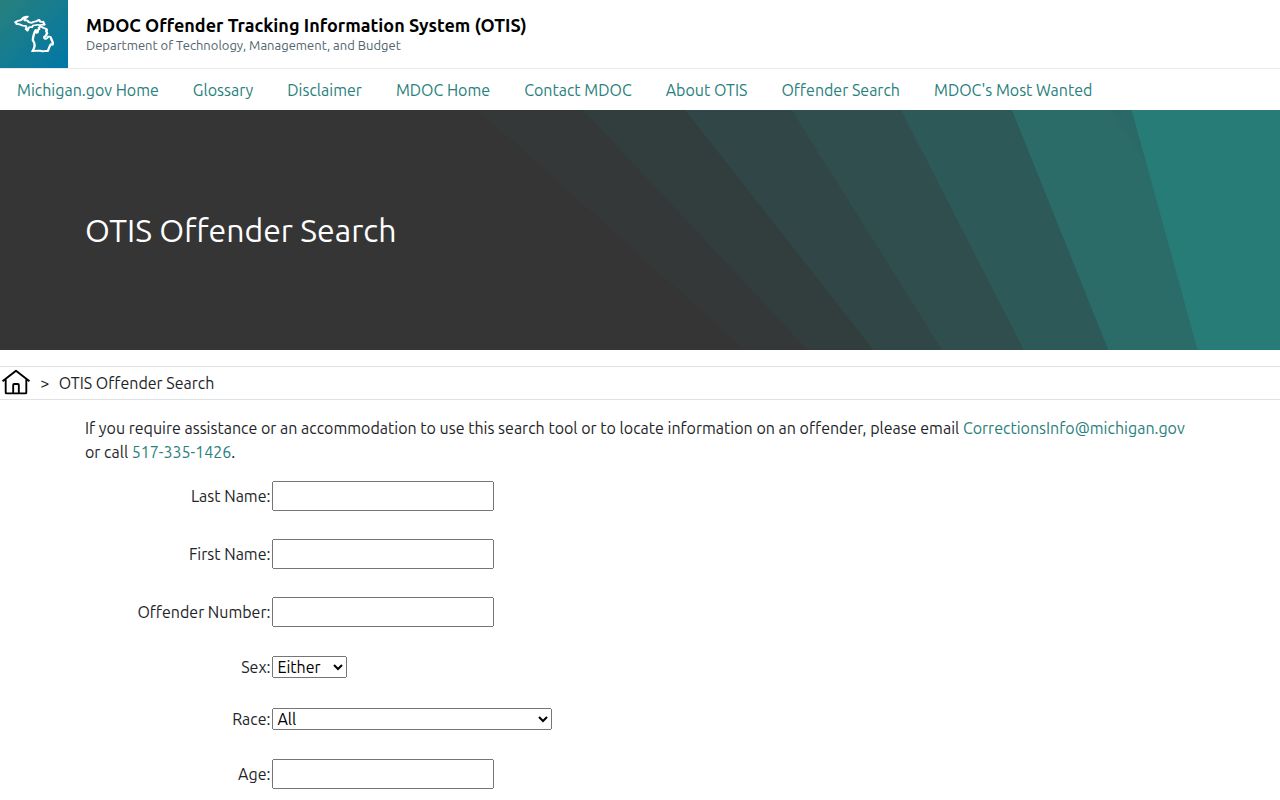 Michigan Department of Corrections release search form for Luce County records