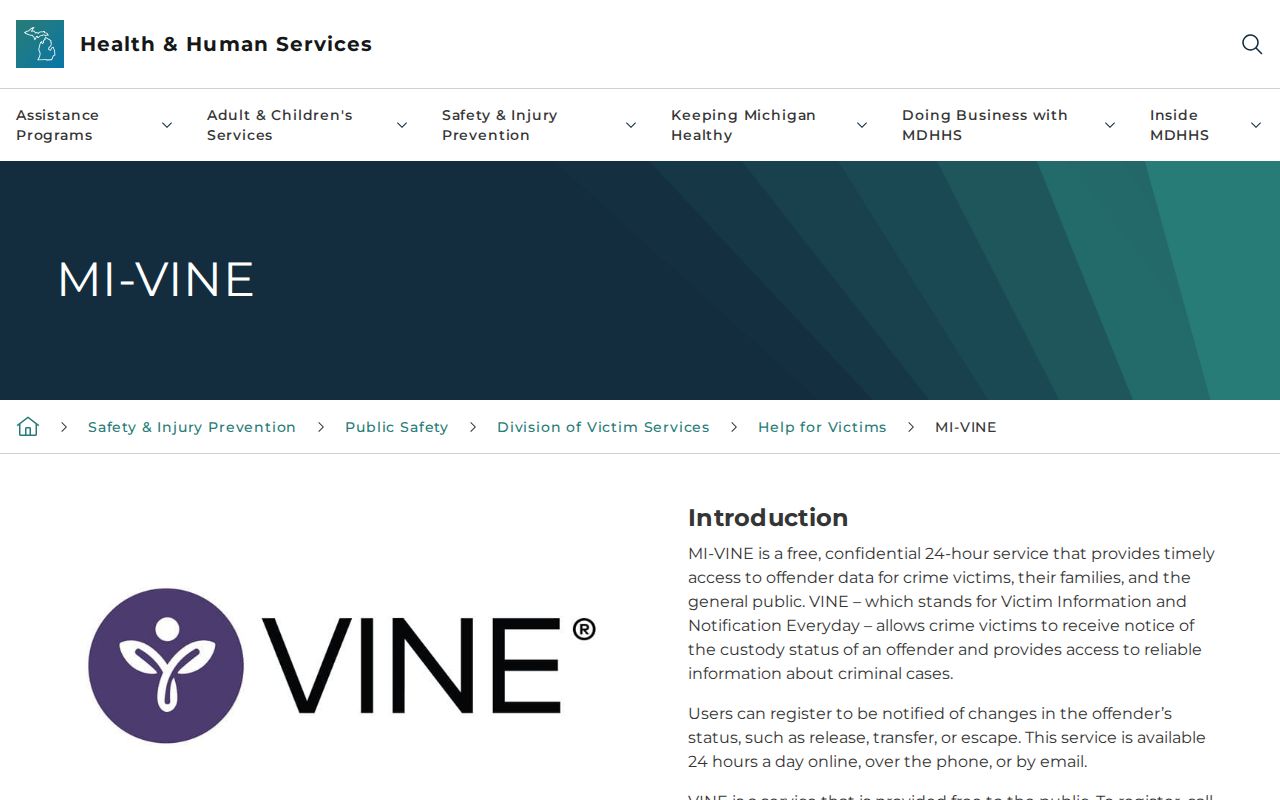 Official Michigan MI-VINE information for a Luce County VINELink inmate check